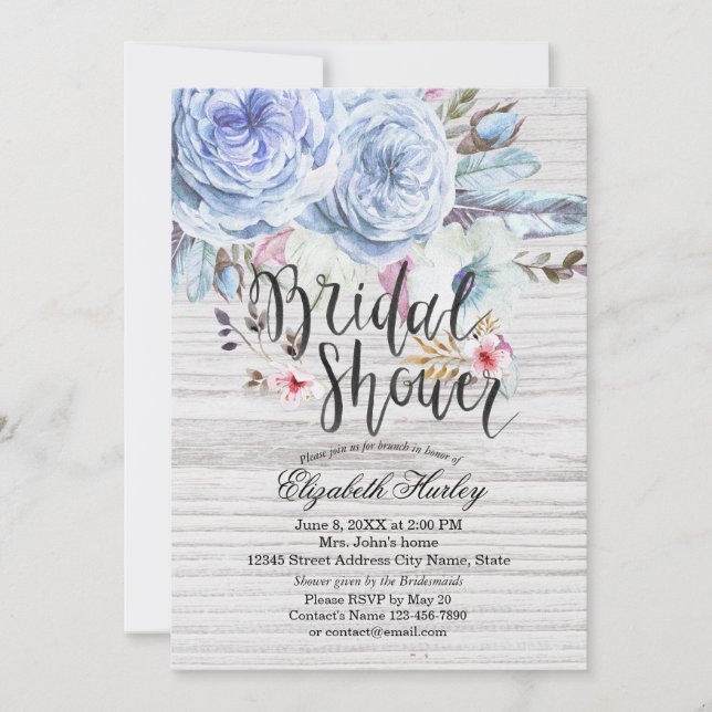 Bridal Shower Watercolor Boho Floral Feathers Wood Invitation (Front)