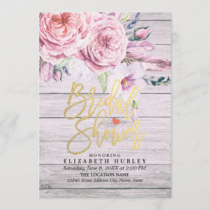 Bridal Shower Watercolor Boho Floral Rustic Wood Invitation