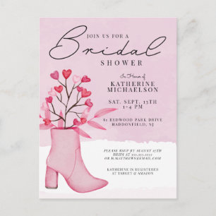 BRIDAL SHOWER Watercolor Boot & Heart Bouquet Postcard