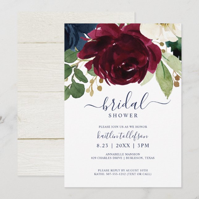 Bridal Shower Watercolor Bouquet Burgundy Navy Invitation (Front/Back)
