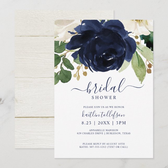 Bridal Shower Watercolor Bouquet Navy Blue Invitation (Front/Back)