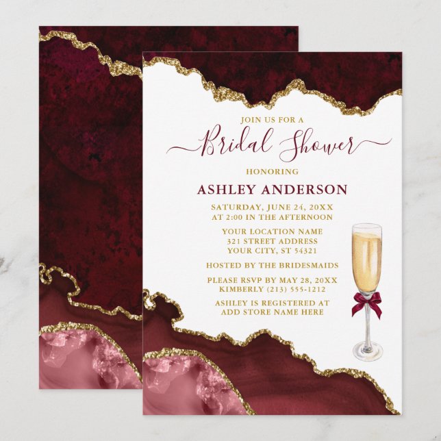 Bridal Shower Watercolor Burgundy Marble Geode Invitation (Front/Back)