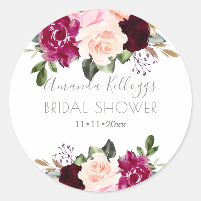 Bridal Shower Watercolor Burgundy Pink Flowers  Classic Round Sticker (Front)