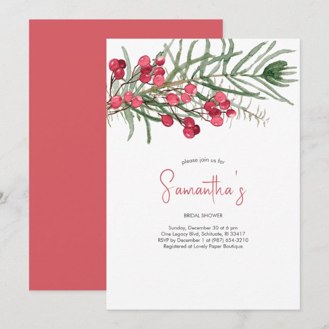Bridal Shower Watercolor evergreen and Red Berries Invitation (Front/Back)