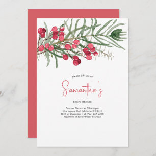 Bridal Shower Watercolor evergreen and Red Berries Invitation