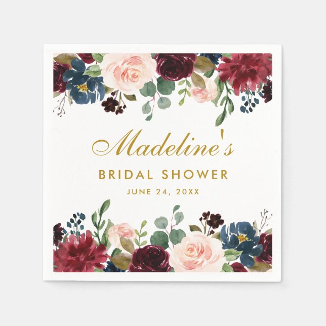 Bridal Shower Watercolor Floral Burgundy Blue Gold Napkin (Front)