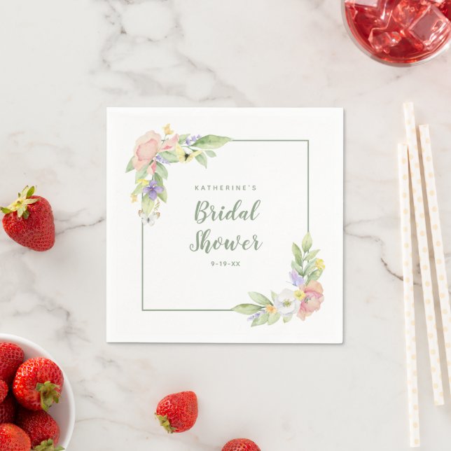 Bridal Shower Watercolor Floral Butterflies Paper Napkin (Insitu)