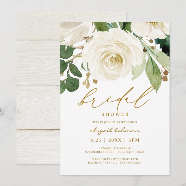 Bridal Shower Watercolor Floral White Greenery 2 Invitation (Front/Back)