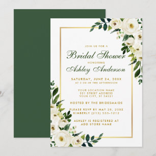 Bridal Shower Watercolor Green Floral Gold Invite