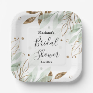 bridal shower watercolor green gold botanical chic paper plate