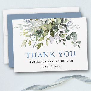 Bridal Shower Watercolor Greenery Dusty Blue Thank You Card