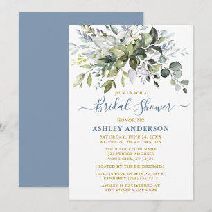 Bridal Shower Watercolor Greenery Gold Dusty Blue Invitation