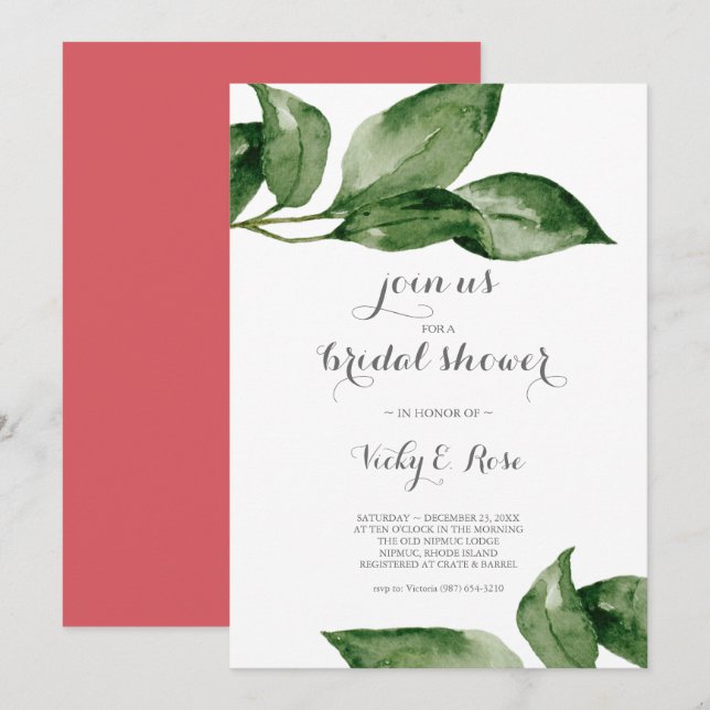 Bridal Shower Watercolor Greenery Party Invitation (Front/Back)