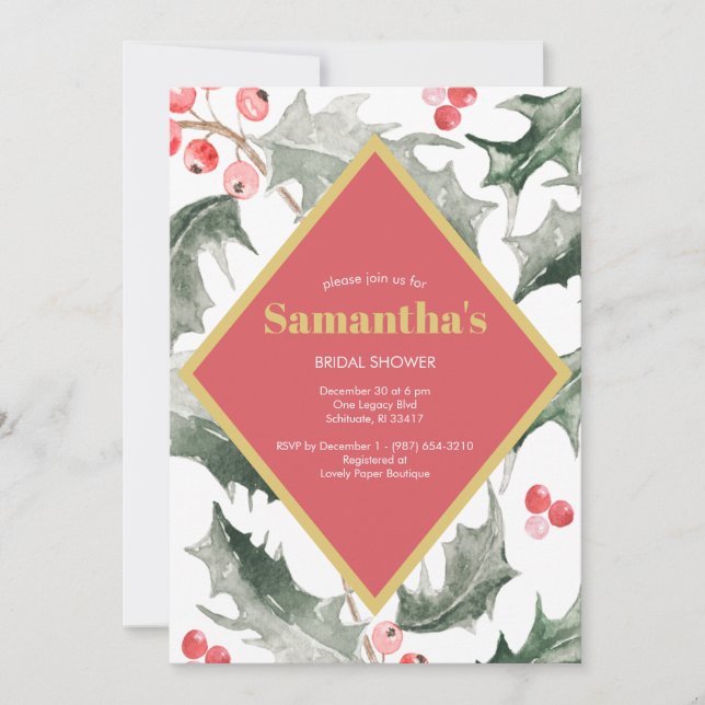 Bridal Shower Watercolor Holly Christmas Invitation (Front)
