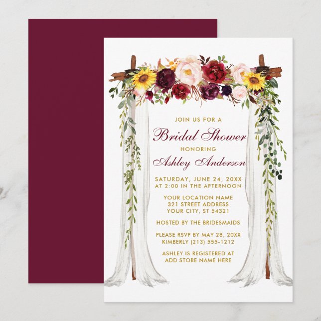 Bridal Shower Watercolor Mixed Floral Canopy Gold Invitation (Front/Back)