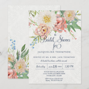 Bridal Shower Watercolor Navy Blue n White Floral Invitation