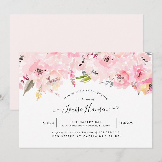 Bridal Shower, Watercolor Pale Pink Peonies Invitation (Front/Back)
