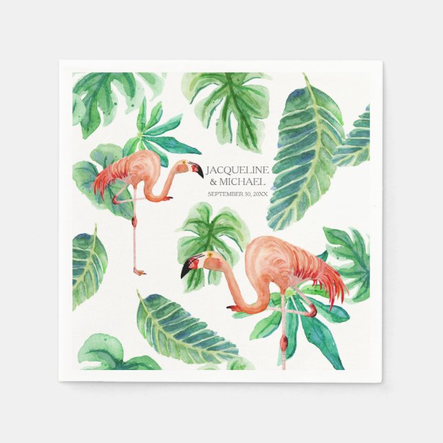 Bridal Shower Watercolor Pink Flamingo Leaf Napkin (Front)