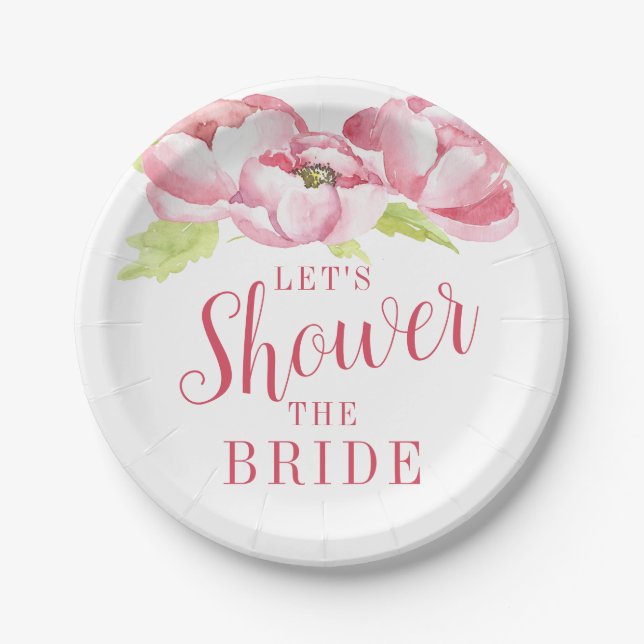 Bridal Shower | Watercolor Pink Peonies Paper Plate (Front)