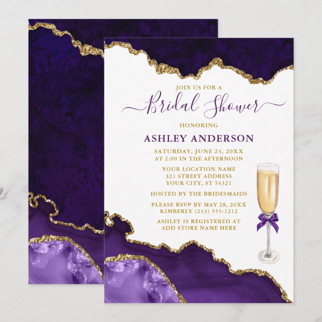 Bridal Shower Watercolor Purple Marble Geode Gold Invitation (Front/Back)