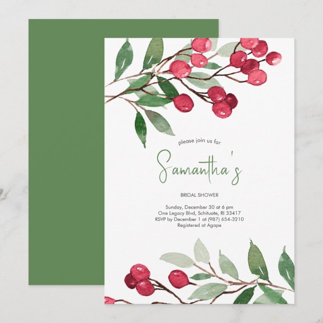 Bridal Shower Watercolor Red Berries Holiday Party Invitation (Front/Back)