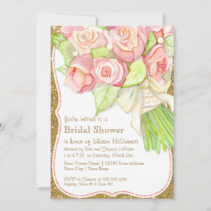 Bridal Shower Watercolor Rose Bouquet Satin Pearls Invitation