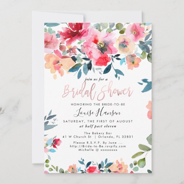 Bridal Shower, Watercolor Spring Flowers Announcement (Front)