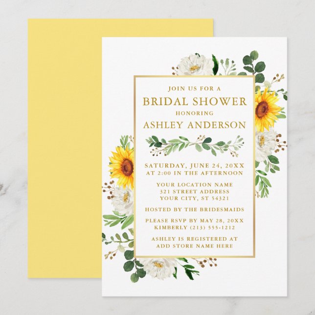 Bridal Shower Watercolor Sunflowers White Floral Invitation (Front/Back)
