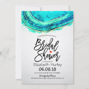 Bridal Shower Watercolor Teal & Gold Agate Geode Invitation
