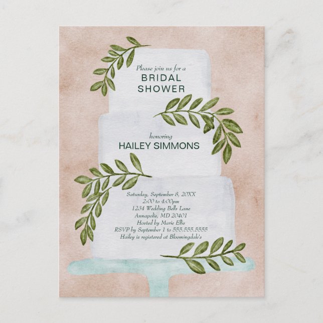 Bridal Shower Watercolor Wedding Cake Invitation Postcard (Front)