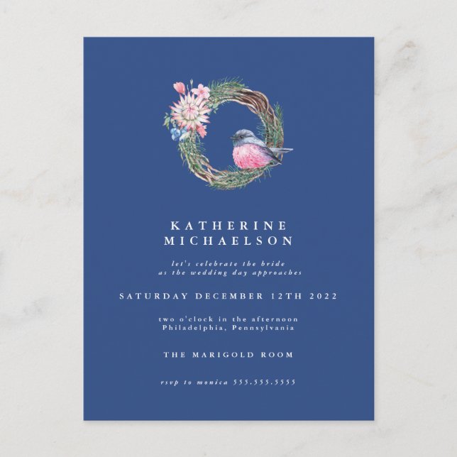 BRIDAL SHOWER | Watercolor Winter Sparrow Wreath Postcard (Front)