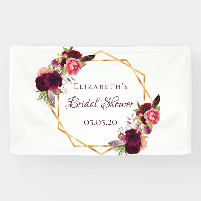 Bridal Shower watercolored florals burgundy gold Banner (Horizontal)