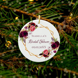 Bridal Shower watercolored florals burgundy gold Ceramic Tree Decoration