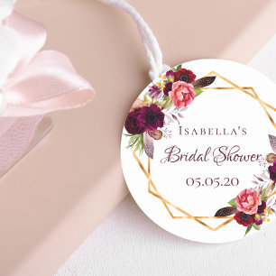 Bridal Shower watercolored florals burgundy gold Classic Round Sticker