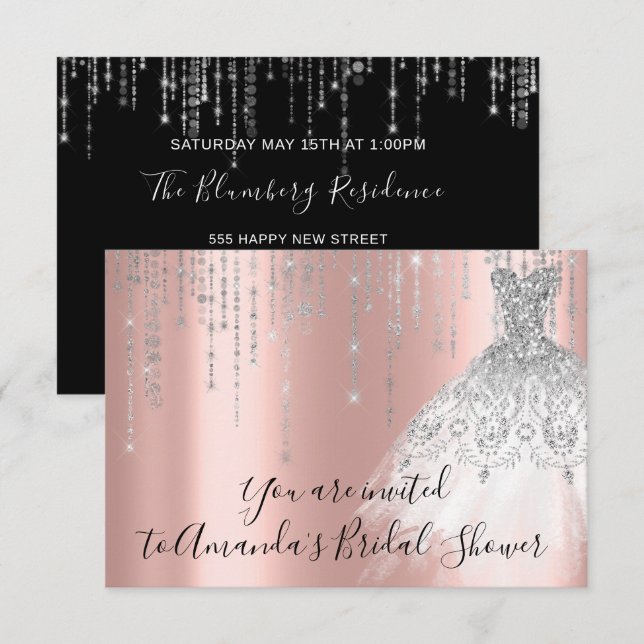 Bridal Shower Waves Dress Grey Grey Silver Rose Invitation (Front/Back)