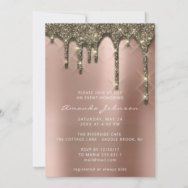 Bridal Shower Wedding Birthday Rose Gold Drip Invitation (Front)