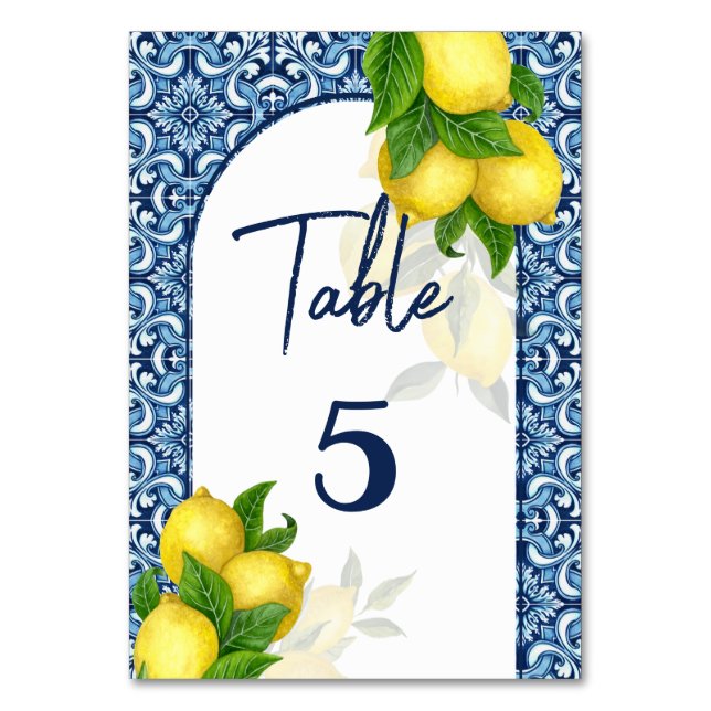 Bridal shower wedding blue and tiles lemon Amalfi Table Number (Front)