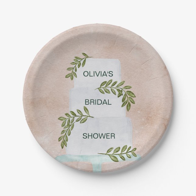 Bridal Shower, Wedding Cake with Greenery Paper Plate (Front)