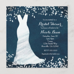 Bridal Shower Wedding Dress on Hanger & Confetti Invitation