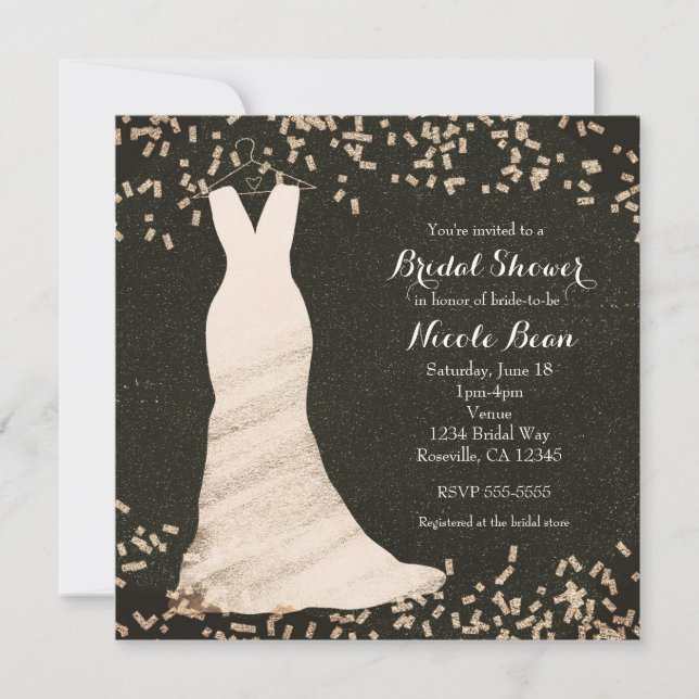 Bridal Shower Wedding Dress on Hanger & Confetti Invitation (Front)