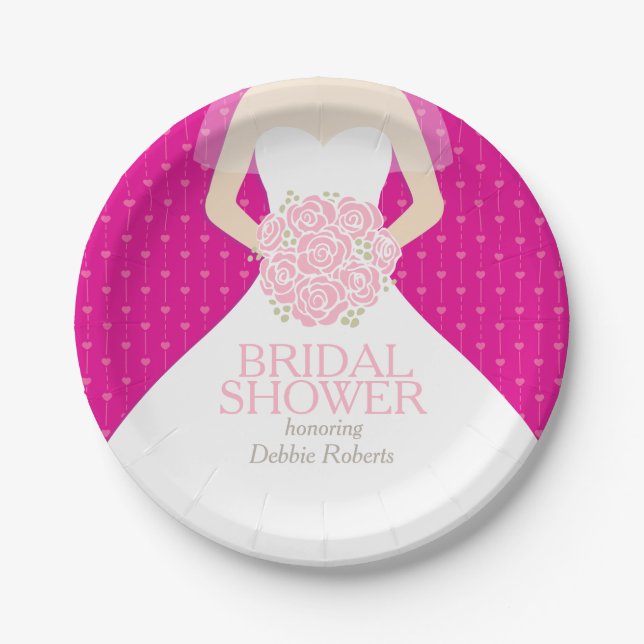 Bridal shower wedding dress pink paper plates (Front)