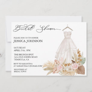  Bridal Shower Wedding Dress Tropical Boho Leaves Invitation