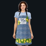 Bridal shower wedding gift blue tiles lemon custo  apron<br><div class="desc">Bridal shower wedding gift blue tiles lemon custom name apron,  can make a lovely keepsake gift for a bride to be,  newlyweds,  or anyone for any occasion. Other kitchen matching items are availble.</div>
