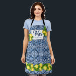 Bridal shower wedding gift blue tiles lemon custo  apron<br><div class="desc">Bridal shower wedding gift blue tiles lemon custom name apron,  can make a lovely keepsake gift for a bride to be,  newlyweds,  or anyone for any occasion. Other kitchen matching items are availble.</div>