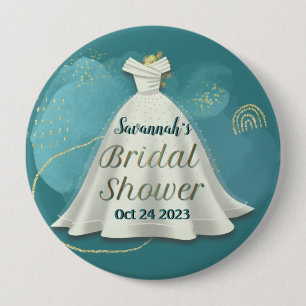 Bridal Shower Wedding Gown Deep Teal Gold Glitter 10 Cm Round Badge