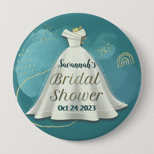 Bridal Shower Wedding Gown Deep Teal Gold Glitter  10 Cm Round Badge (Front)