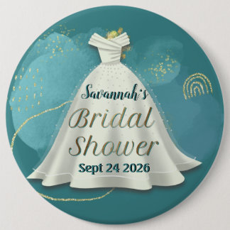 Bridal Shower Wedding Gown Deep Teal Gold Glitter 6 Cm Round Badge
