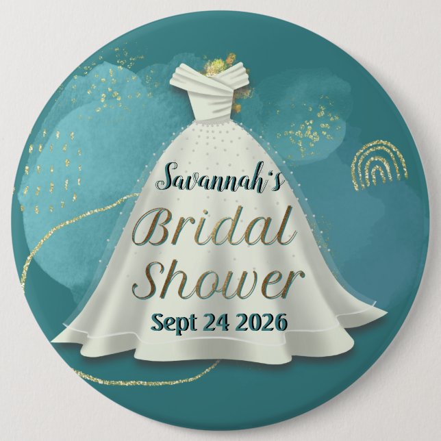 Bridal Shower Wedding Gown Deep Teal Gold Glitter  6 Cm Round Badge (Front)