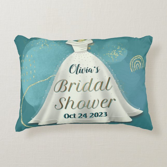 Bridal Shower Wedding Gown Deep Teal Gold Glitter  Decorative Cushion (Front)