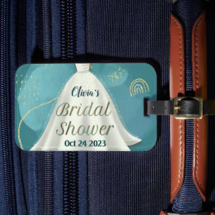 Bridal Shower Wedding Gown Deep Teal Gold Glitter  Luggage Tag